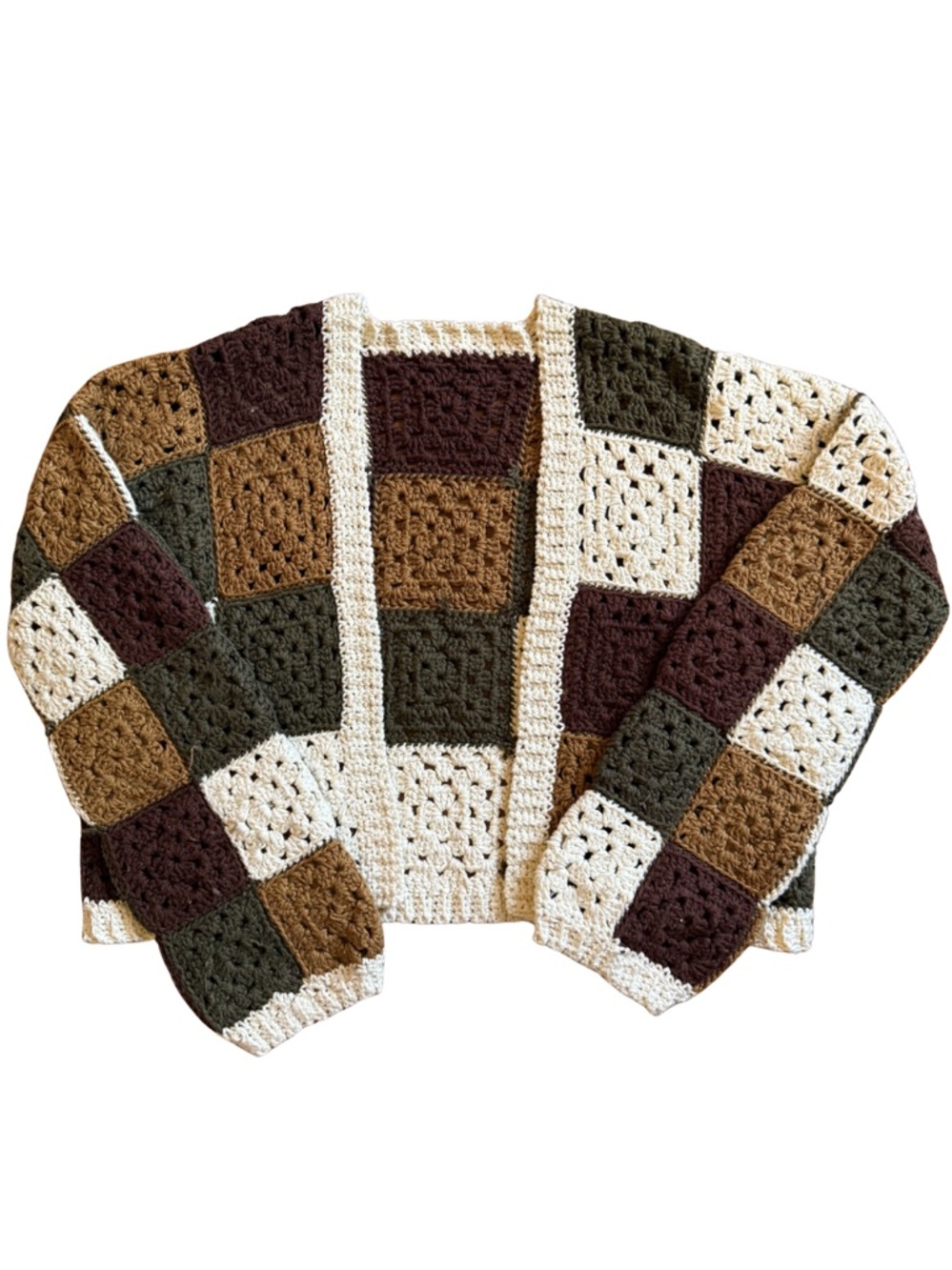 Handmade Crochet Patchwork Cardigan Sweater - Cream, Brown, Olive